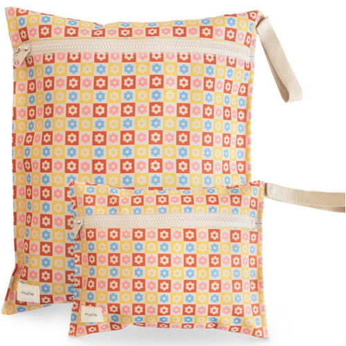 mushie Water Resistant Wet Bags | Large & Small Reusable Storage Bag for Baby Items and Travel | Zippered Pockets with Handle | Machine Washable, Set of 2 (Happy Flowers Check)