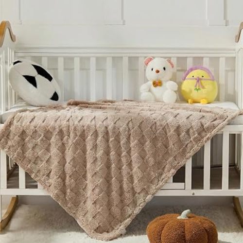 Brown Textured Checkered Baby Blanket, 330GSM Soft Plush Fleece Blanket for Crib Stroller, Cozy Decorative Giftable Home Blanket, 30x40 Inches