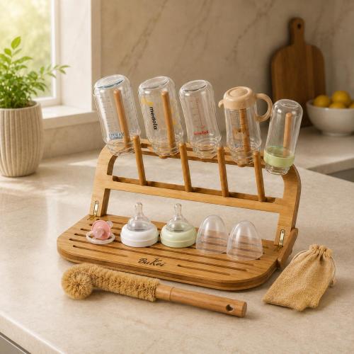 Natural Bamboo Baby Bottle Drying Rack with Coconut Brush, Foldable, Portable, Sustainable