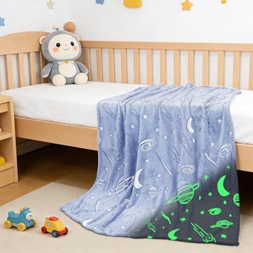 inhand Blue Glow in the Dark Blanket Space Toys Birthday Gifts for Boys Cute Kids Blanket and Funny Space Planet Moon Galaxy Room Decor for Age1 2 3 4 5 6 7 8 9 10 Year Old (30''x40''Blue)