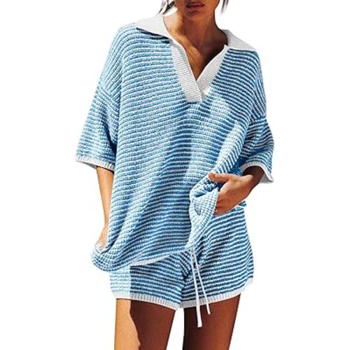 Tankaneo Womens Sweater Set 2 Piece Outfits Oversized 3/4 Sleeve V Neck Knit Tops High Waisted Shorts Lounge Sets