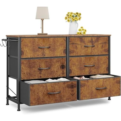 Dresser for Bedroom, 6 Fabric Drawers, Storage Organizer for Small Spaces | Rustic Brown Dresser, Study Chest of Drawers with Wood Top, Side Hooks, Anti-Tip Safety, For Closet, Kids Room, Easy Assembly