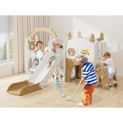 GLAF 13 In 1 Kids Slide For Toddlers, Toddler Slide Playset With Swing, Golf, Drawing Board, Basketball Hoop And Storage Space | Wayfair