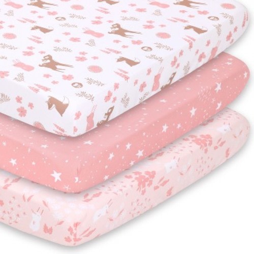 The Peanutshell Mini Crib Sheet Set for Girls - 3 Pack - Multiuse for Pack & Play, Playard, Playpen, Mini Crib, Pink Woodland Floral