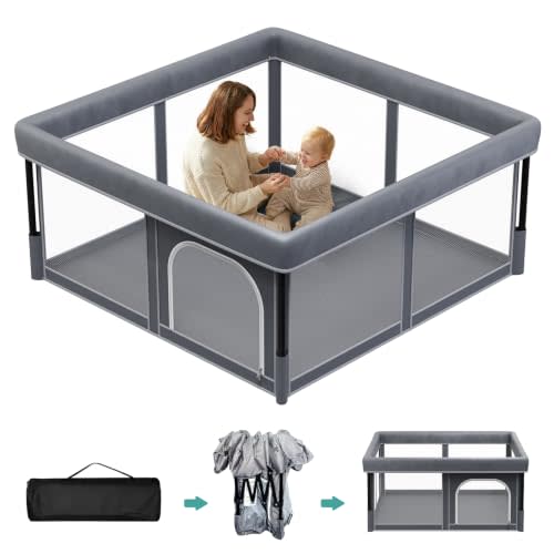 Foldable Baby Playpen, 48"×48" Play Yard for Toddlers, Portable & Collapsible Playpen with Gate, ASTM & CPSC Certified, Skin-Friendly & Breathable Mesh, Ideal for Indoor & Outdoor Use with Bag