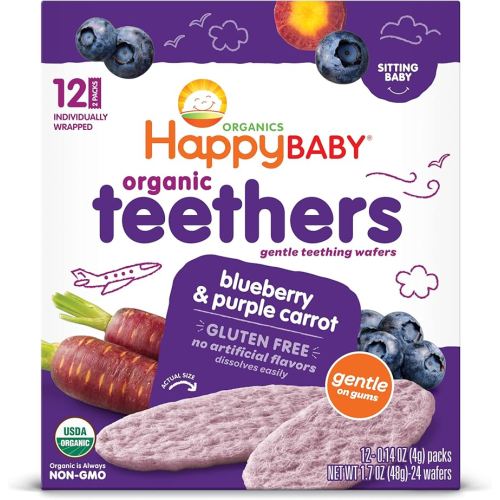 Happy Baby Gentle Teethers Organic Teething Wafers Blueberry Purple Carrot, 0.14 Ounce Packets (Box of 12) Soothing Rice Cookies for Teething Babies Dissolves Easily, Gluten Free No Artificial Flavor
