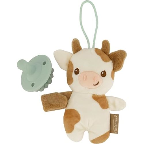 Infantino Snuggle & Soothe PaciPal - Soft Fabric Pacifier Pal with Premium Silicone Pacifier for Baby's Comfort and Self-Soothe, Cow