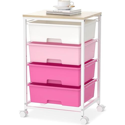 Utility-Rolling-Craft-Storage-Cart-Organizer with 4 Drawers and Wooden Tabletop, 4 Tier Drawer Cart for Home Office, Kid Room, Classroom Teacher, Dorm, Pink