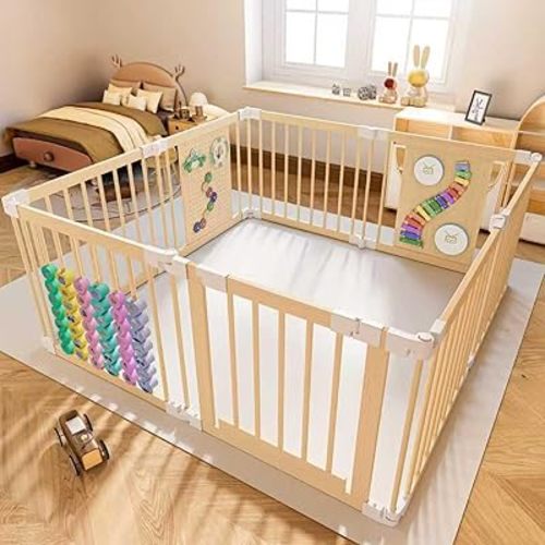 Baby Playpen - Adjustable Multi-Shape Wooden Play Yard, Portable Collapsible Activity Center with Baby Fence Play Area & Toys for Infants, Toddlers (57x57x24inch)