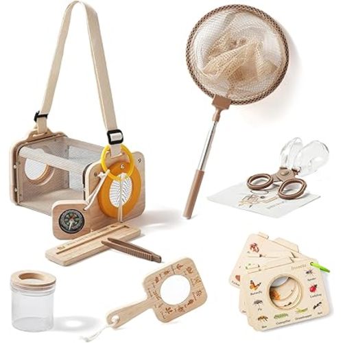 Wooden Bug Catcher Kit for Kids 3-8, 10PCS Durable Outdoor Explorer Kit with Magnifying Glass, Butterfly Net & STEM Guide, Catch & Release Adventure Set for Backyard & Camping