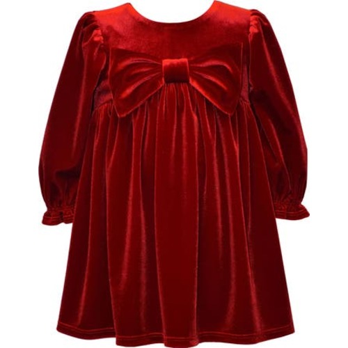 Bow Long Sleeve Stretch Velvet Party Dress, 6-9M