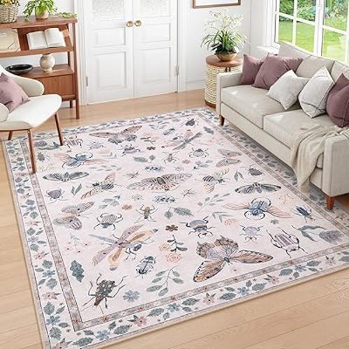 Lahome Insect Washable Rugs for Living Room, Soft 6x9 Rug for Bedroom Ultra-Thin Non Slip Pink Rug, Stain Resistant Modern Rug Easy Clean Large Carpet for Dining Room Nursery Classroom(6'x9',Pink)