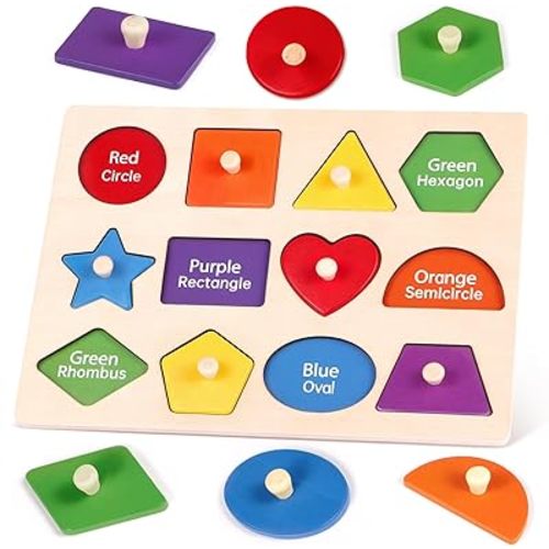 Montessori Wooden Peg Shape Puzzles for Toddlers 1-4, Sturdy Easy-Grip Educational Learning Toys, Perfect Birthday Gifts for Baby Boys Girls