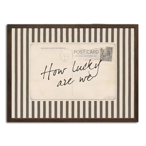 How Lucky Are We Wall Art Vintage Striped Letter Postcard Wall Decor Picture Trendy Preppy Inspirational Quote Poster Canvas Painting Print for Living Room Bedroom 12x16 inch Walnut Wood Framed