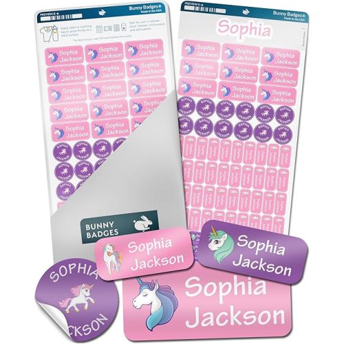 Bunny Badges Personalized Daycare Name Labels for Kids (130 Labels) - Custom Waterproof Name Stickers for Clothing Tags, Water Bottles, Lunch Boxes and School Supplies (Unicorns)