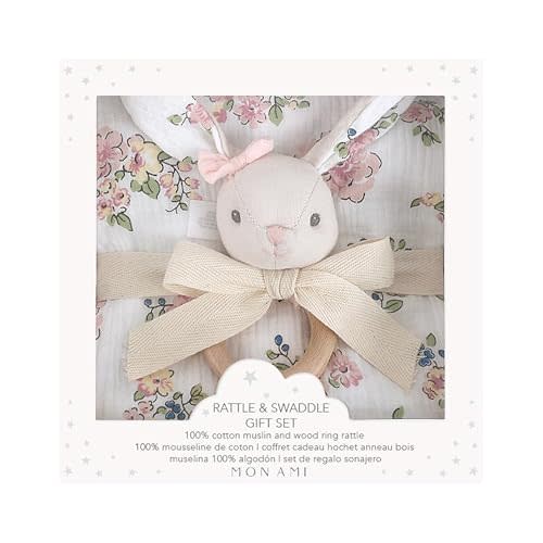 MON AMI French Floral Bunny Swaddle & Rattle Gift Set, 47x47 Blanket | soft muslin baby blanket, 6-inch plush bunny rattle included, floral design, baby shower gifts for girls, newborn essential
