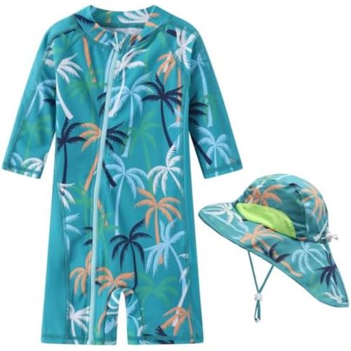 Baby Boy Swimsuit Rash Guard Toddler Sun Protection Swimwear Infant One Piece Bathing Suit with Sun Hat