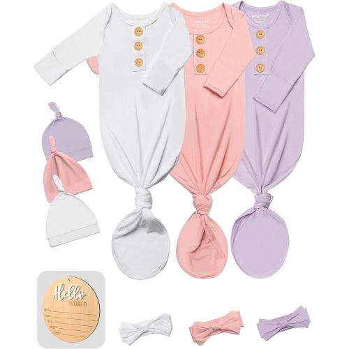 3 PK Baby Knotted Gowns Set with Mittens, Hats, Headbands & Wooden Name Tag for Breathable Newborns Going Home Outfit