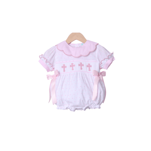 Smocked Pink Swiss Dot Cross Bubble