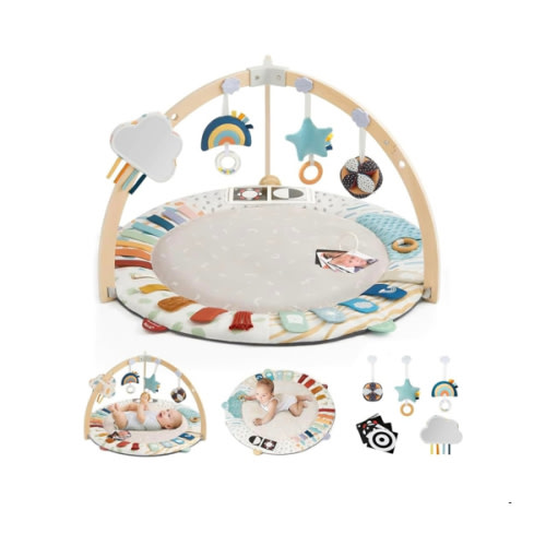 Blissful Diary Baby Play Gym & Activity Mat, 5 Developmental Zones Wooden Tummy Time Mat with 5 Detachable Sensory Toys for Motor Skills & Sensory Development, Baby Essentials Shower Gift