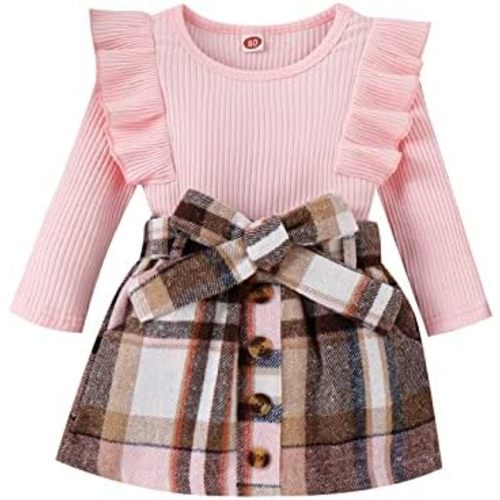 fhutpw Baby Toddler Girl Outfits Fall Winter Clothes Turtleneck Knitted Cotton Long Sleeves Tops & Button Mini Skirts Set