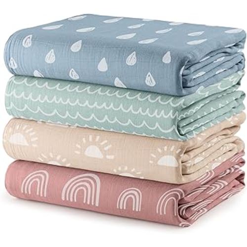 Comfy Cubs Muslin Swaddle Blankets Pack of 4, 47 x 47 Inches, Soft Cotton Baby Blanket Set, Large Multipurpose Swaddling Wraps for Newborns - Self-Soothing Swaddle - Sun, Rainbow, Rain, Doodle