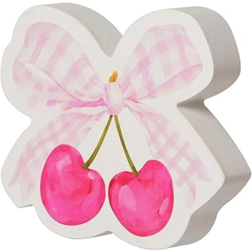 Cherry Decor Sign for Shelf, Wood Sign for Tiered Tray Decor Summer Home Decoration 6”x6" (Cherry with Bow)