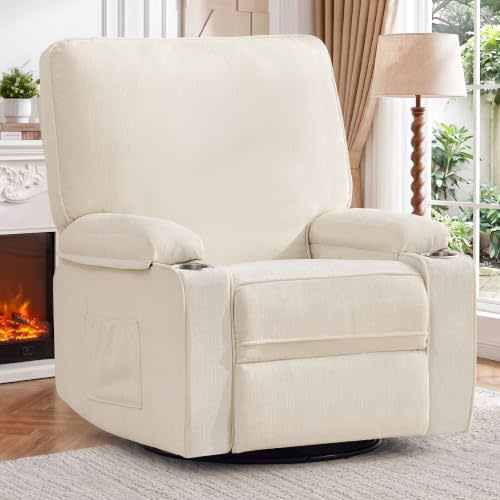 Korser Recliner Chair, Nursery Rocking Chairs for Adults, 360° Swivel Rocker Recliner with Cup Holder, Overstuffed Glider Rocking Chair for Living Room, Manual Recliner with Side Pockets, Chenille