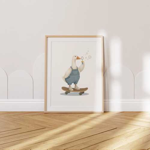 Cute Goose Skateboard Poster, Whimsical Nursery Wall Art for Kids' Rooms, Duck Blowing Soap Bubbles, Animal Illustration, Toddler Room Decor