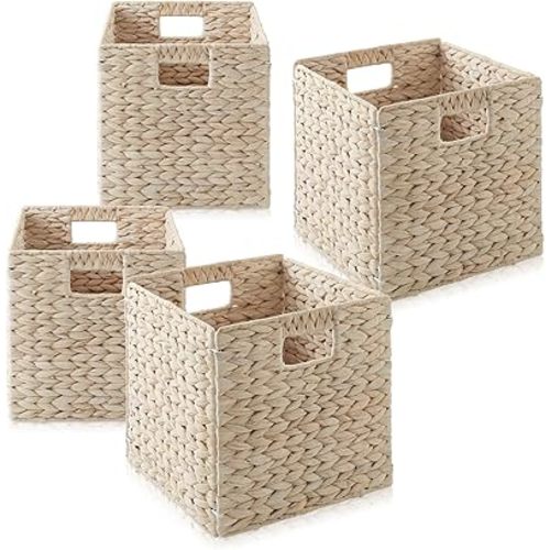 Casafield 10.5" x 10.5" Hyacinth Storage Baskets, Whitewash - Set of 4 Storage Organizers, Woven Wicker Cubes for Bathroom, Bedroom, Laundry, Shelves