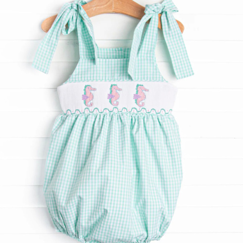 Sea Grass Seahorses Smocked Bubble, Mint – Stitchy Fish