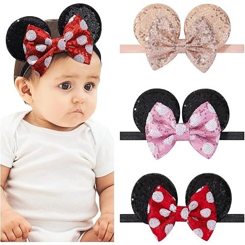 choicbaby 3 PCS Mouse Ears Sequin Bow Nylon Hairband with Polka Dot Cute Baby Headbands Soft Hairbands Hair Accessories for Newborn Infant Toddler Party Supplies