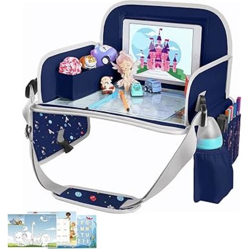 MENZOKE Car Seat Tray for Kids with Educational Drawing Board, Tablet Holder & Cooler Cup Holder, Essential for Car Travel & Airplane Trips, Space Pattern Design, Dark Blue