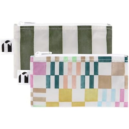 Bumkins Roamio Reusable Snack Bags, for Kids School Lunch and for Adults Portion, Washable Fabric, Waterproof Cloth Zip Bag, Pack Travel Pouch, Food-Safe Storage, 2-pk Green Stripe and Multi Check