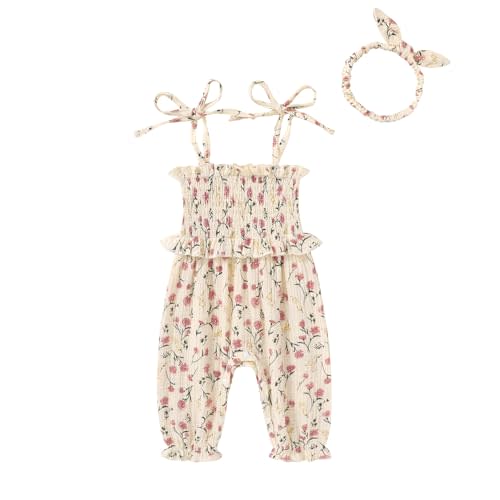 YOUNGER TREE Newborn Baby Girl Clothes Summer Sleeveless Smocked Romper with Headband Toddler Jumpsuit Outfits