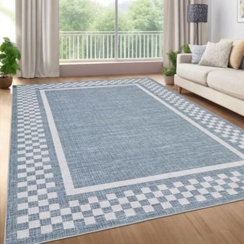 Washable Area Rug Modern Bordered Rugs for Living Room Bedroom Soft Low Pile Non Slip Geometric Checkered Carpet