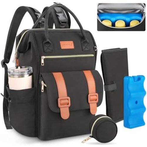PIIOSER Breast Pump Bag Backpack Compatible with Spectra S1/S2, Hands-Free Pumping Bag with Cooler for Working Moms, Large Capacity Diaper Bag Backpack for Travel, Black