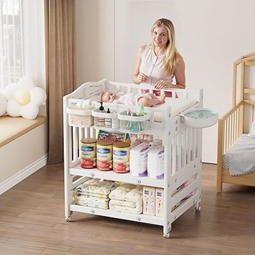 Changing Table,Baby Changing Table with Wide Topper,Diaper Changing Station with Latex Pad,2Storage Racks,3Hanging Boxes & Washbasin,Lockable Wheels,SDMY Mobile Nursery Organizer for Newborn Infants