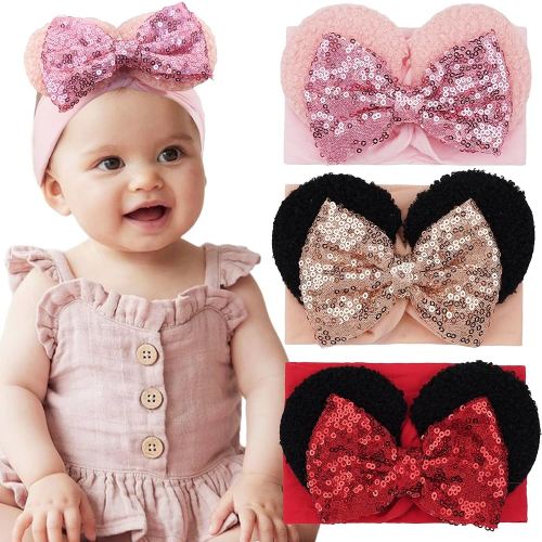 3PCS Baby Girl Mouse Ears Headbands with Sequin Bow, 4.5inches Wide Nylon Turban Hairband, Theme Park Headwear, Hair Bow Headband for Toddler, Kids, Party Supplies