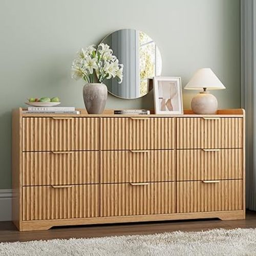 OURPIC 9 Drawers Fluted Dresser for Bedroom, 57" Wide Modern Chest of Drawers with Metal Handle, Wooden Dresser TV Stand, Wood Closet Clothes Storage Organizer for Living Room, Hallway, Natural Oak