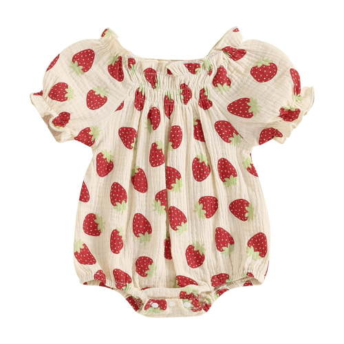 Musuos Baby Girls Strawberry Print Romper 0-24Months Adorable Puff Sleeve Ruffled Summer Jumpsuit