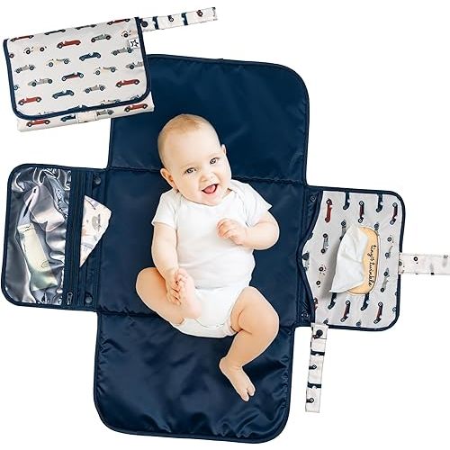 Tiny Twinkle Portable Diaper Changing Pad | Waterproof, Wipeable & Compact Baby Changing Pad for Travel | Smart Wipes Pocket & Organized Storage| Newborn Shower Gift (Vintage Cars)