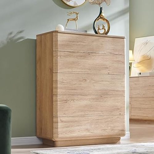 ACCOHOHO Modern 5 Drawer Dresser for Bedroom, 42" Tall Wooden Dressers with Large Storage,Handleless Chest of Drawers for Living Room & Hallway, Curved Profile Design, Natural Oak