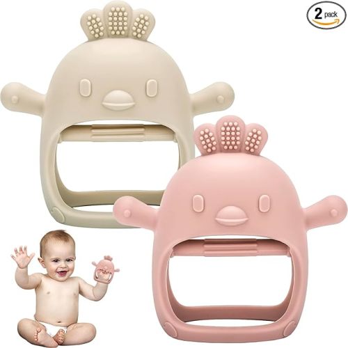 Baby Teething Toys, 2 Pack Teether for Baby, Silicone Mitten Teething Toys for Babies, Baby Teethers Toys 0-3-6-12 Months, Chew Toys Hand Pacifier for Soothing Teething Pain Relief (Beige/Pink)