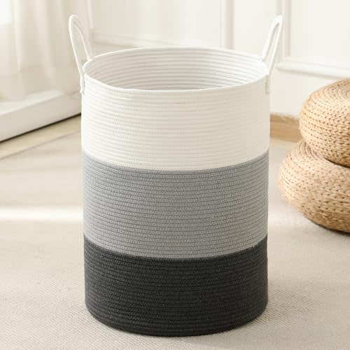 Laundry Basket Hamper Tall Rope Storage Woven for Blanket toys Dirty Clothes in Living Room Bathroom Bedroom (Gradient Grey, 60L/15.8Gal)
