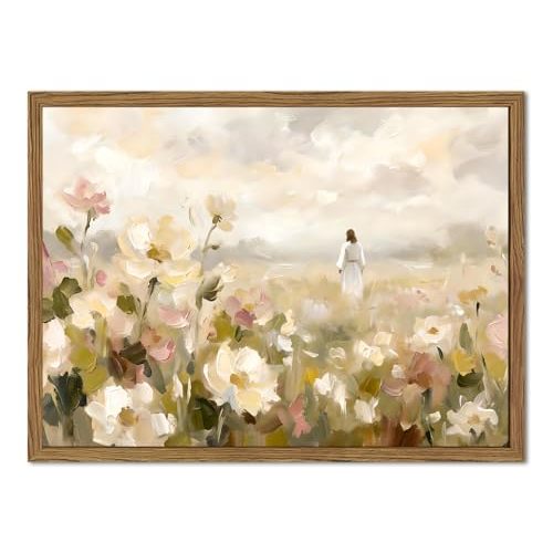 Jesus in Flower Field Wall Art Christian Jesus Wall Decor Picture Religious Spiritual Wildflower Landscape Poster Canvas Painting Prints for Bedroom Living Prayer Room 12x16 inch Wood Framed
