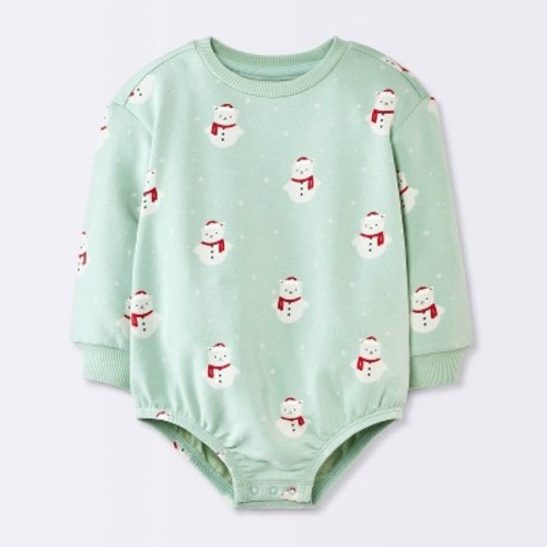 Baby Christmas Holiday Snowman Sweatshirt Romper - Cloud Island™ Mint Green 3-6M