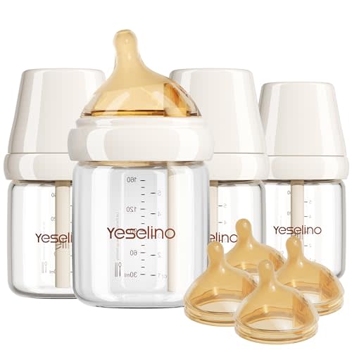 Natural Glass Baby Bottle 4 Pack with Extra Nipples - 2 Slow Flow (Size S) and 2 Medium Flow (Size M), 5.4 oz, Anti Colic, BPA-Free, 3Months+