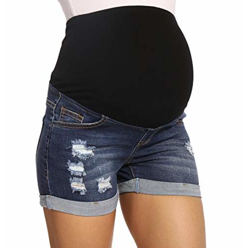 V VOCNI Maternity Denim Shorts Women's Summer High Waist Distressed Cuffed Hem Casual Denim Jean Shorts