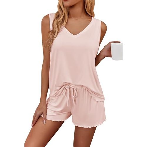 Ekouaer Womens Pajamas Sets Soft Comfy Sleeveless Sleepwear Tank and Shorts Pj Set Summer 2 Piece Loungewear